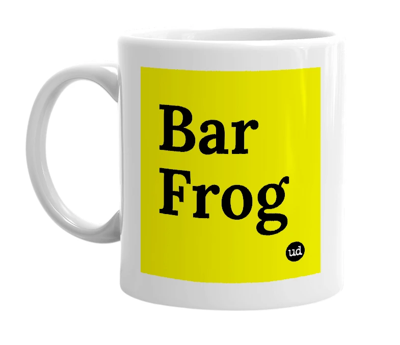 White mug with 'Bar Frog' in bold black letters