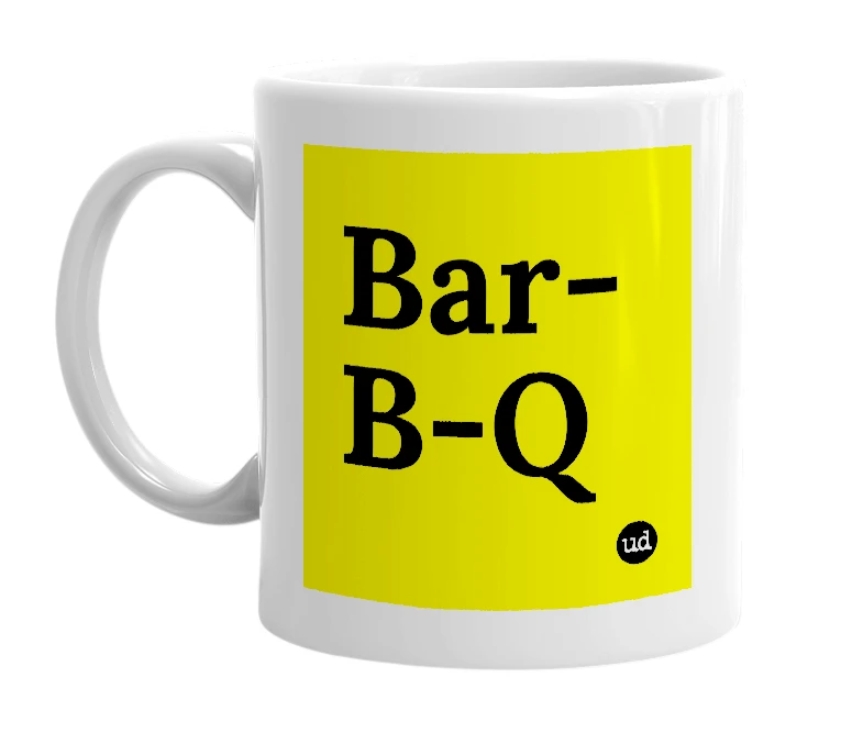 White mug with 'Bar-B-Q' in bold black letters