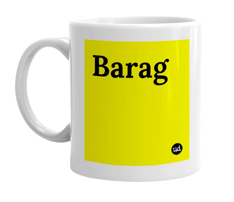 White mug with 'Barag' in bold black letters
