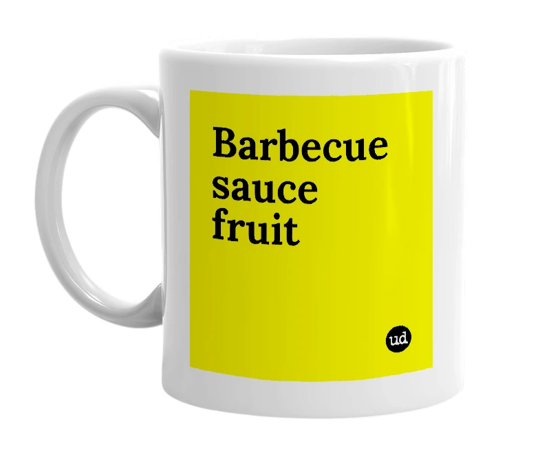 White mug with 'Barbecue sauce fruit' in bold black letters