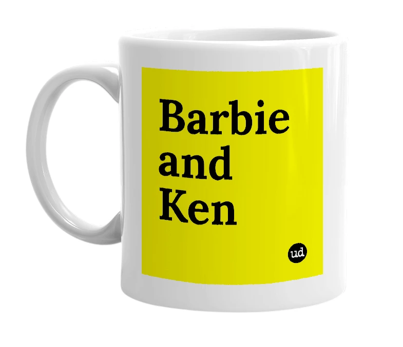 White mug with 'Barbie and Ken' in bold black letters