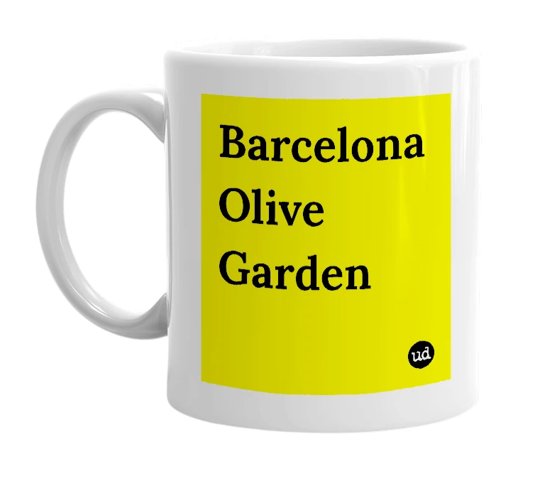 White mug with 'Barcelona Olive Garden' in bold black letters