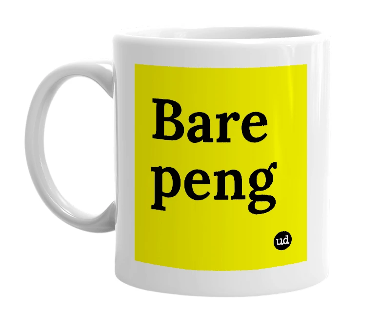 White mug with 'Bare peng' in bold black letters