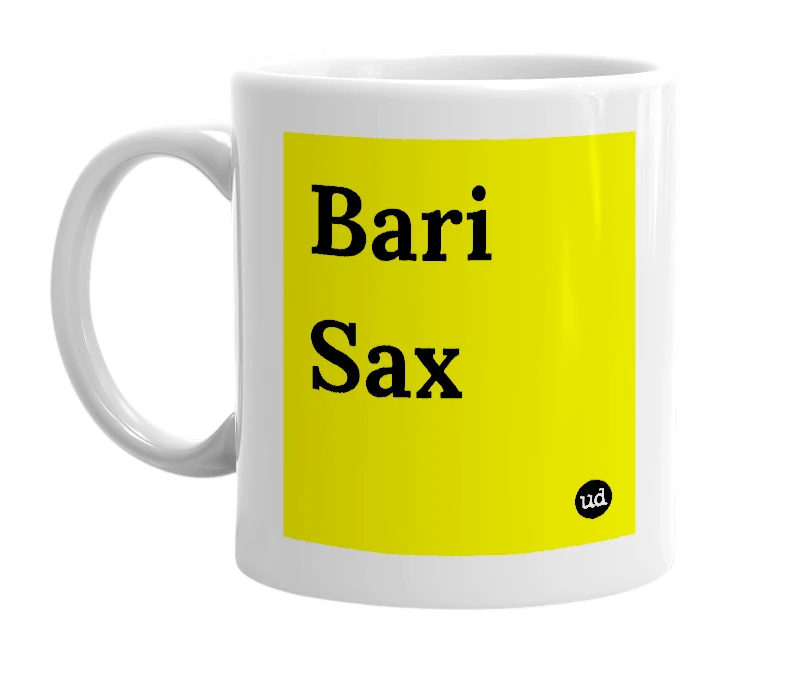 White mug with 'Bari Sax' in bold black letters