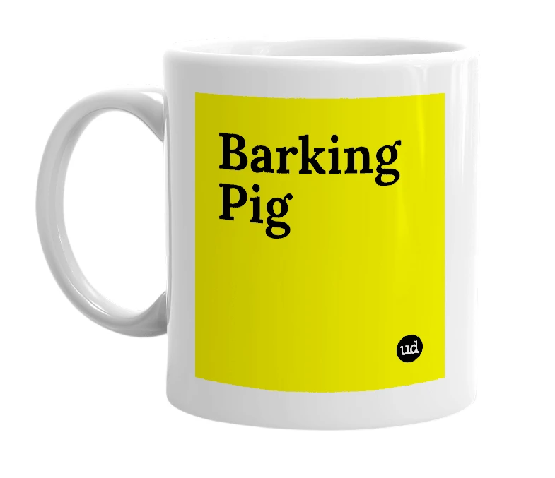 White mug with 'Barking Pig' in bold black letters