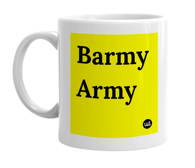 White mug with 'Barmy Army' in bold black letters