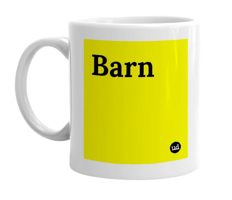 White mug with 'Barn' in bold black letters