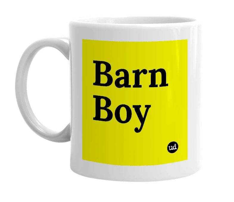 White mug with 'Barn Boy' in bold black letters