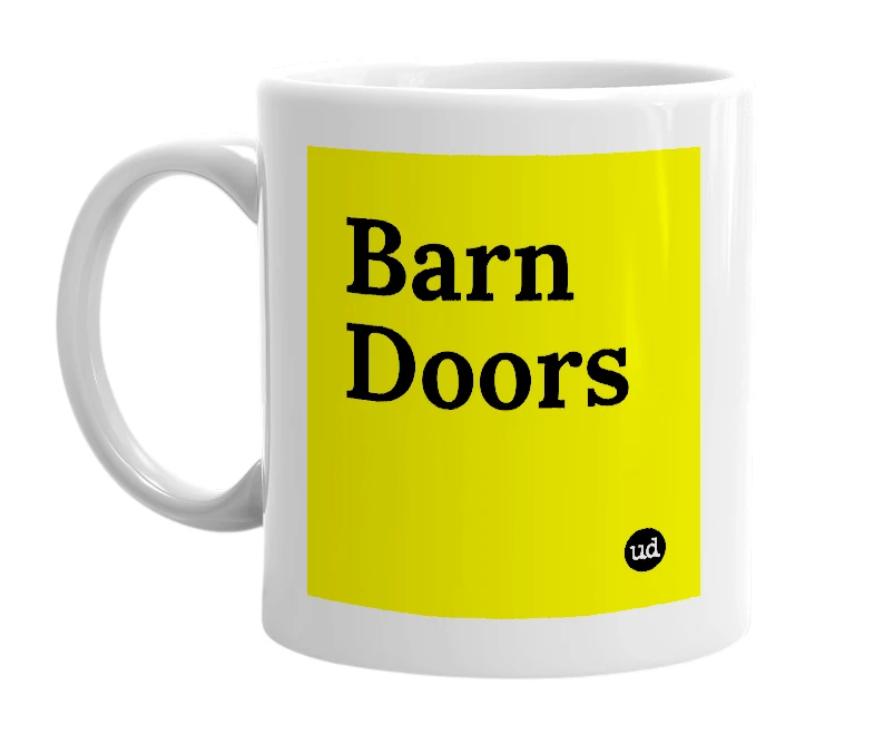 White mug with 'Barn Doors' in bold black letters