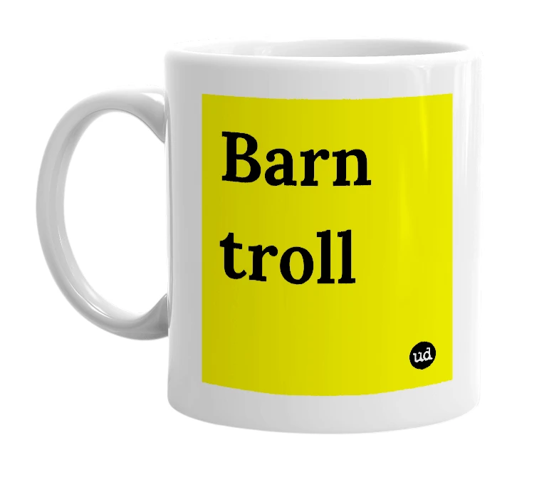 White mug with 'Barn troll' in bold black letters
