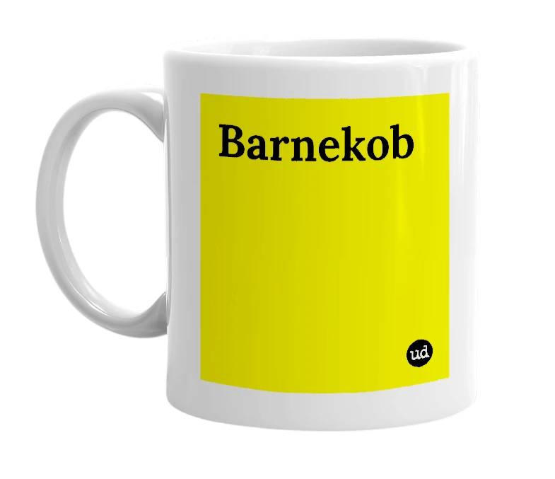 White mug with 'Barnekob' in bold black letters