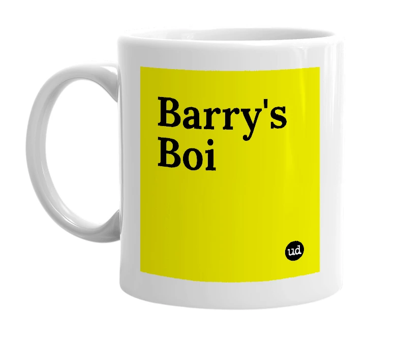 White mug with 'Barry's Boi' in bold black letters