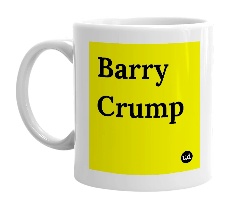 White mug with 'Barry Crump' in bold black letters