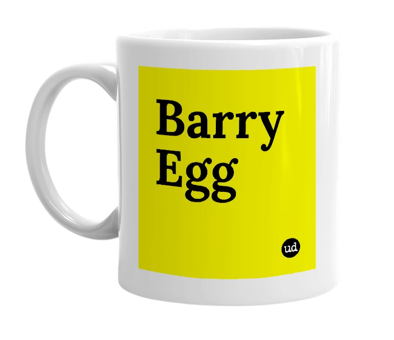 White mug with 'Barry Egg' in bold black letters