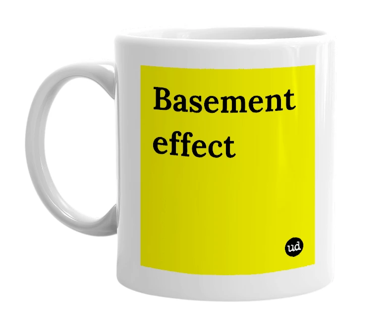 White mug with 'Basement effect' in bold black letters