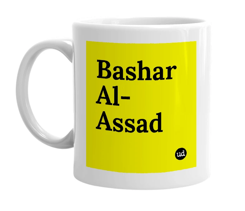 White mug with 'Bashar Al-Assad' in bold black letters