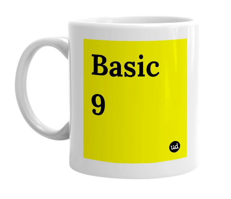 White mug with 'Basic 9' in bold black letters