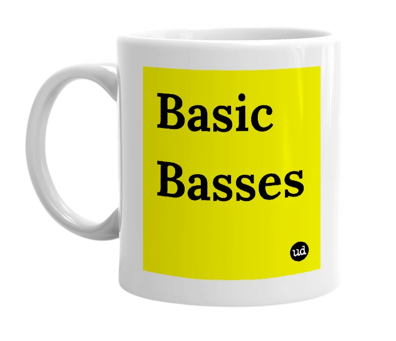 White mug with 'Basic Basses' in bold black letters