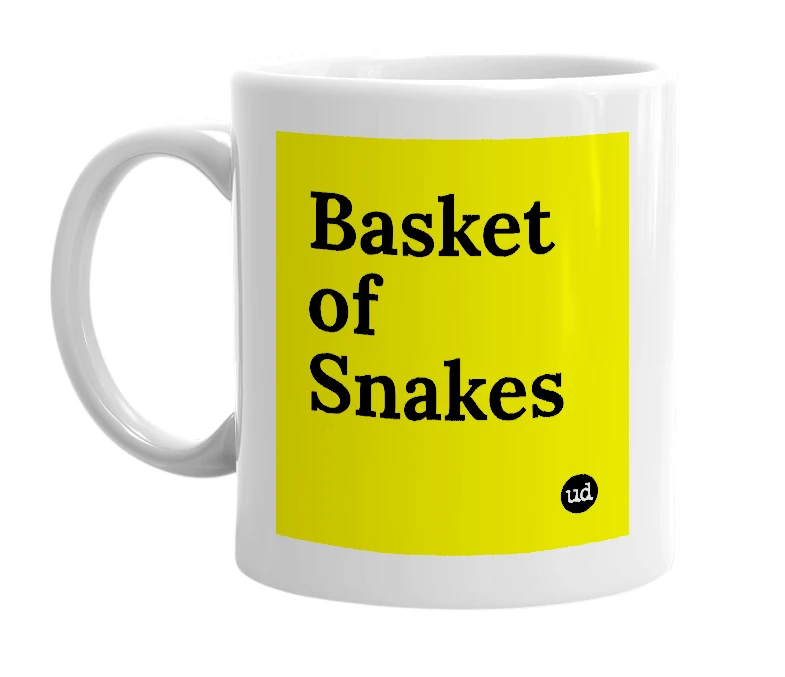 White mug with 'Basket of Snakes' in bold black letters