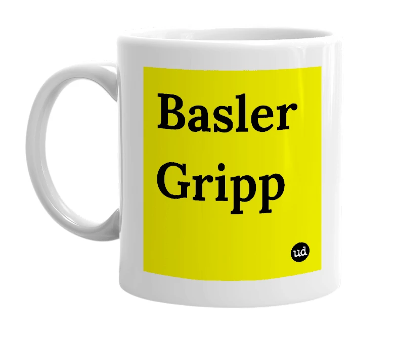 White mug with 'Basler Gripp' in bold black letters
