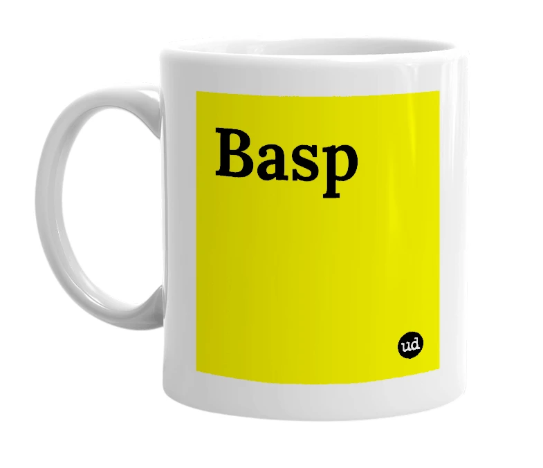 White mug with 'Basp' in bold black letters