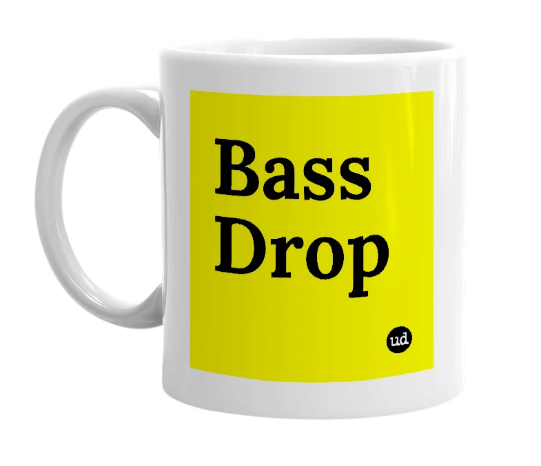 White mug with 'Bass Drop' in bold black letters