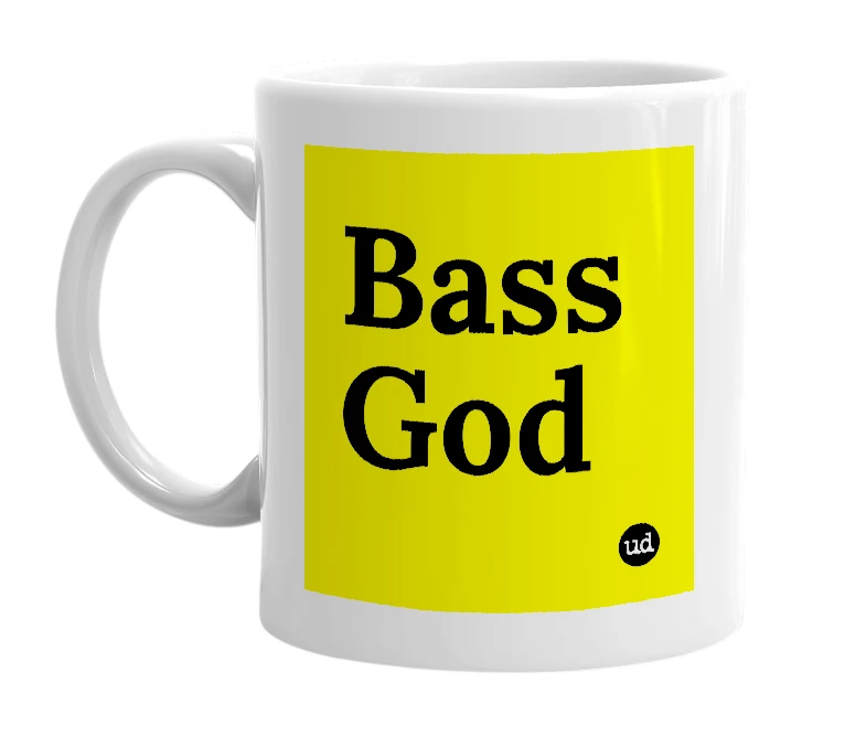 White mug with 'Bass God' in bold black letters