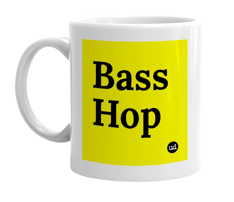 White mug with 'Bass Hop' in bold black letters