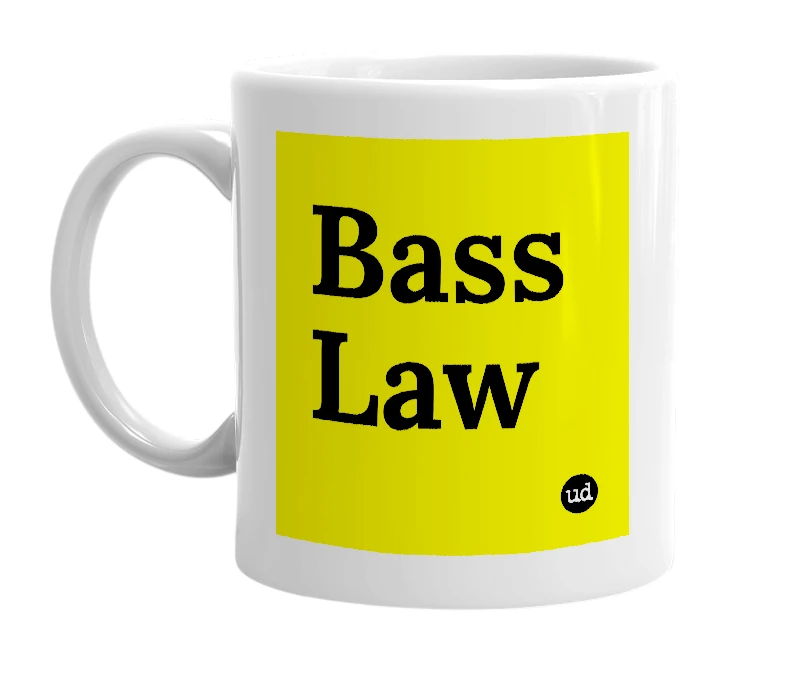 White mug with 'Bass Law' in bold black letters