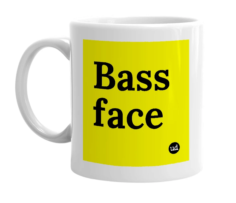 White mug with 'Bass face' in bold black letters