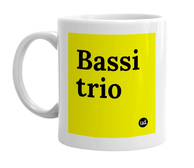 White mug with 'Bassi trio' in bold black letters