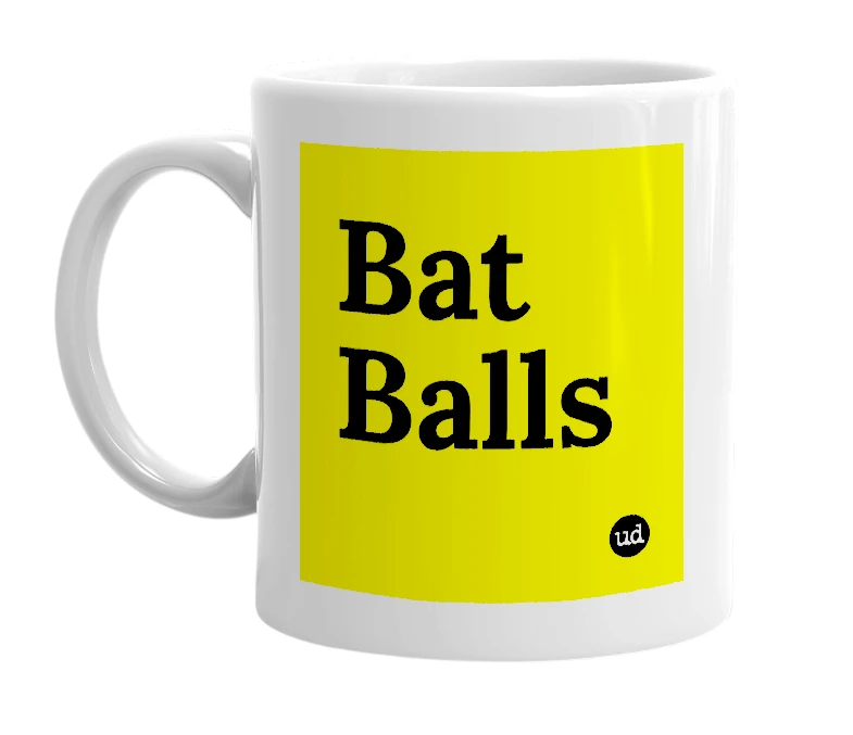 White mug with 'Bat Balls' in bold black letters