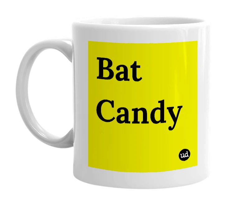 White mug with 'Bat Candy' in bold black letters