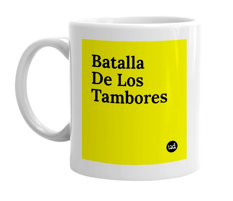 White mug with 'Batalla De Los Tambores' in bold black letters