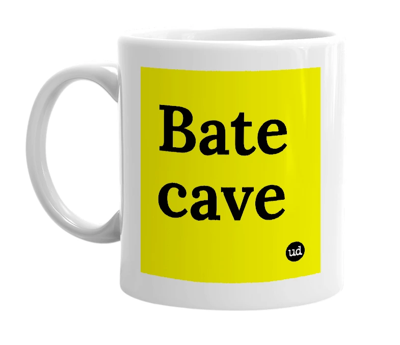 White mug with 'Bate cave' in bold black letters