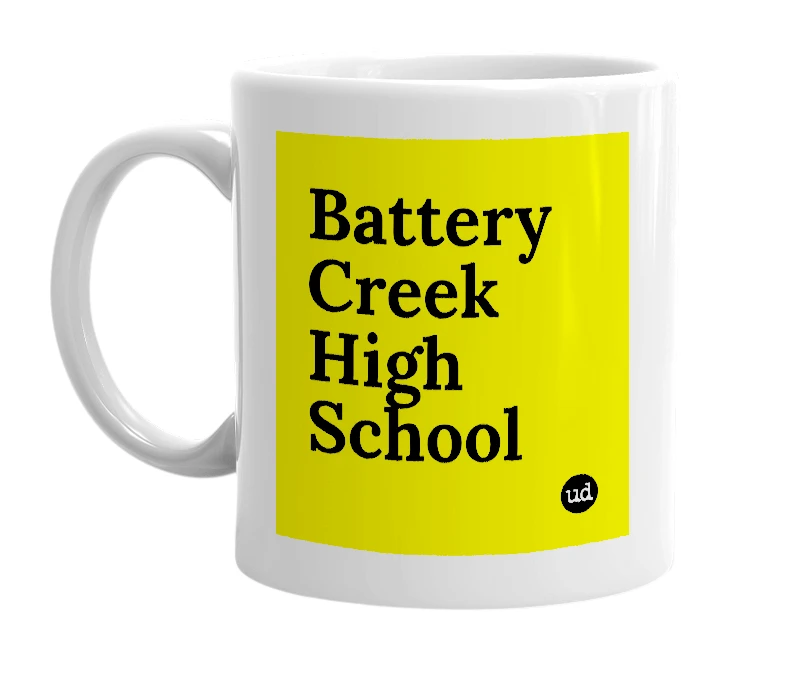 White mug with 'Battery Creek High School' in bold black letters