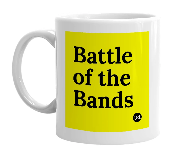 White mug with 'Battle of the Bands' in bold black letters