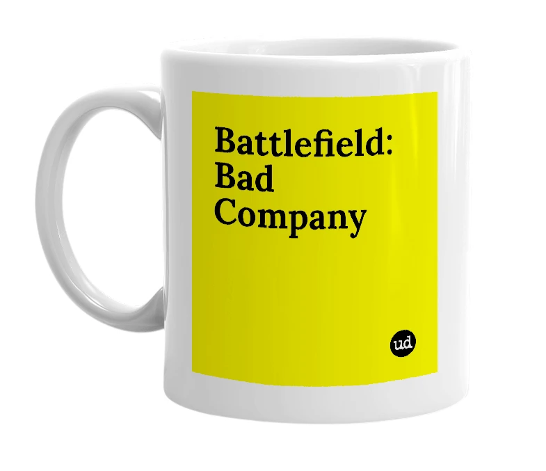 White mug with 'Battlefield: Bad Company' in bold black letters
