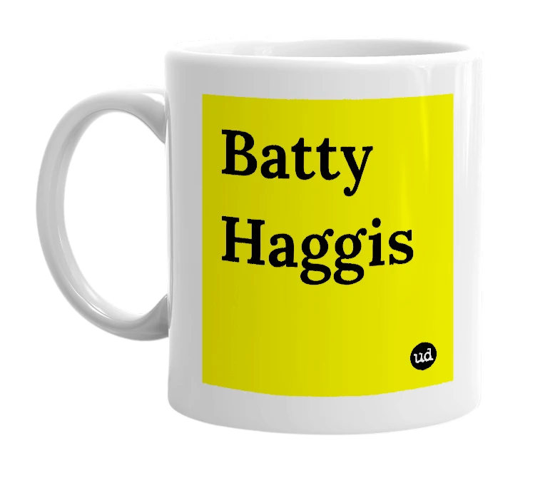 White mug with 'Batty Haggis' in bold black letters