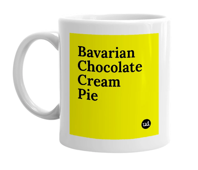 White mug with 'Bavarian Chocolate Cream Pie' in bold black letters