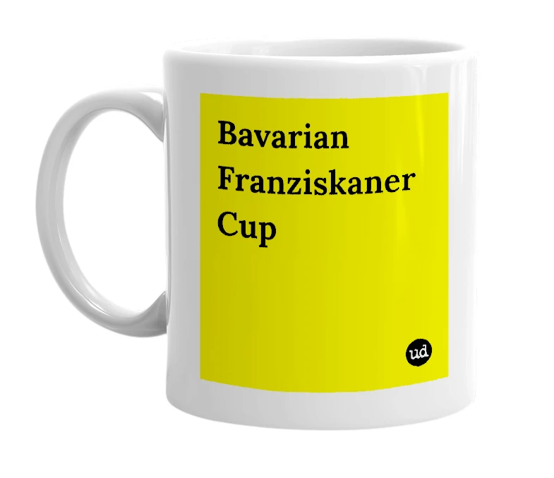 White mug with 'Bavarian Franziskaner Cup' in bold black letters