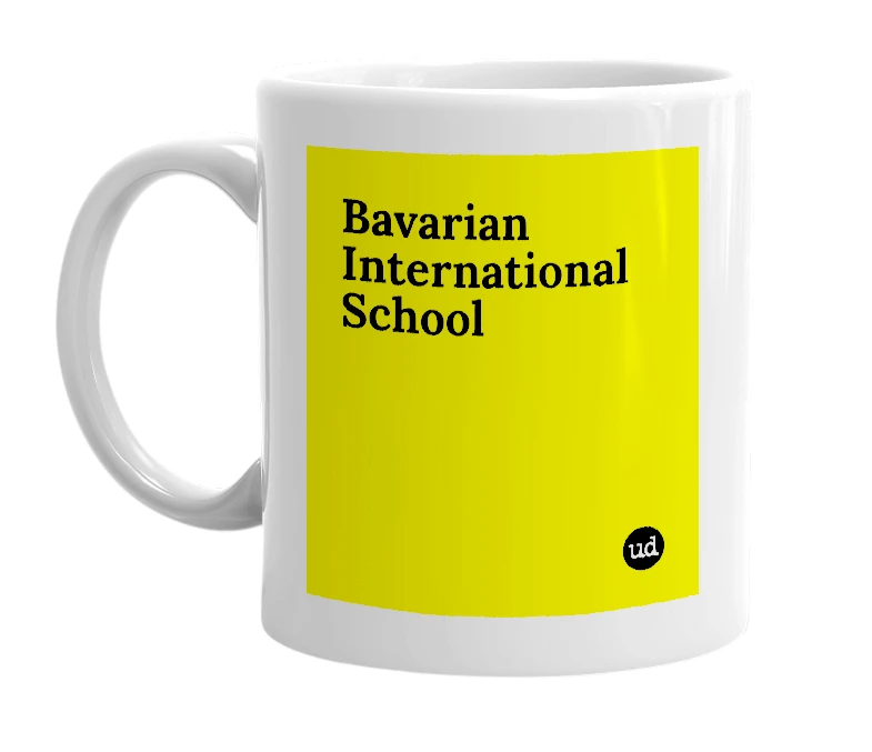 White mug with 'Bavarian International School' in bold black letters