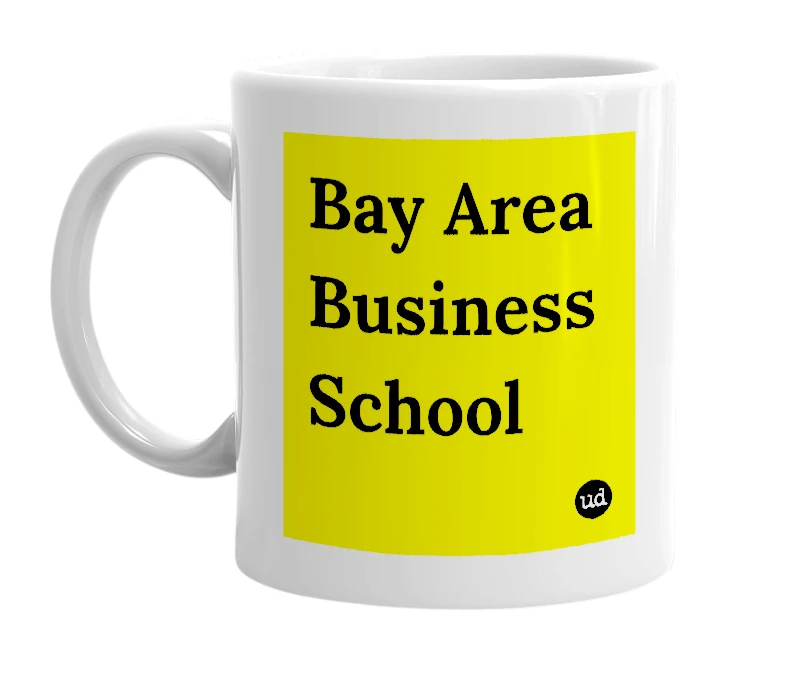 White mug with 'Bay Area Business School' in bold black letters