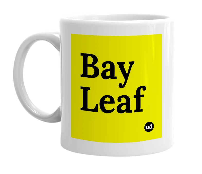 White mug with 'Bay Leaf' in bold black letters