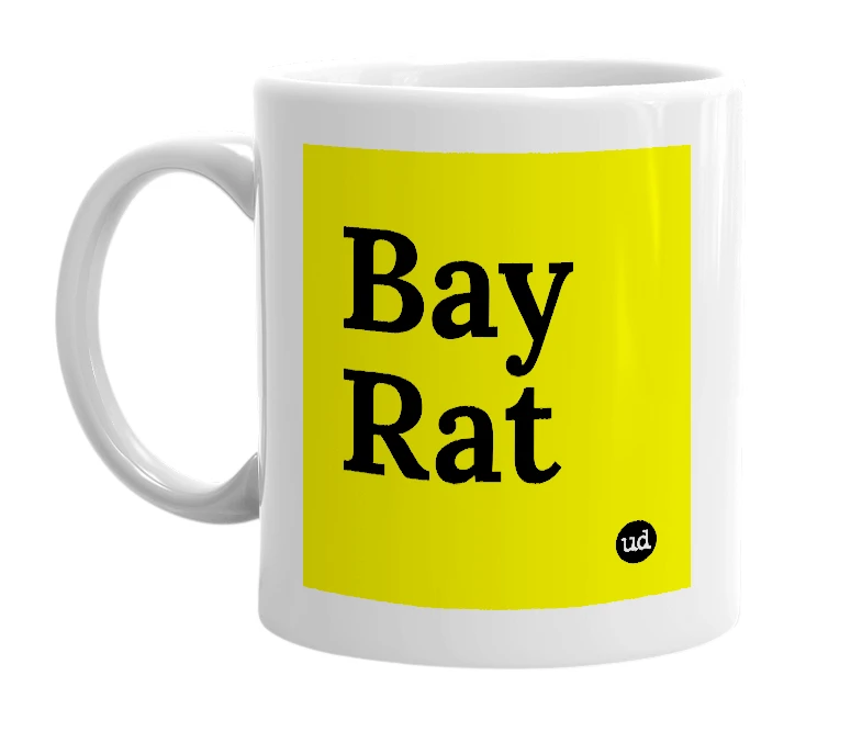White mug with 'Bay Rat' in bold black letters