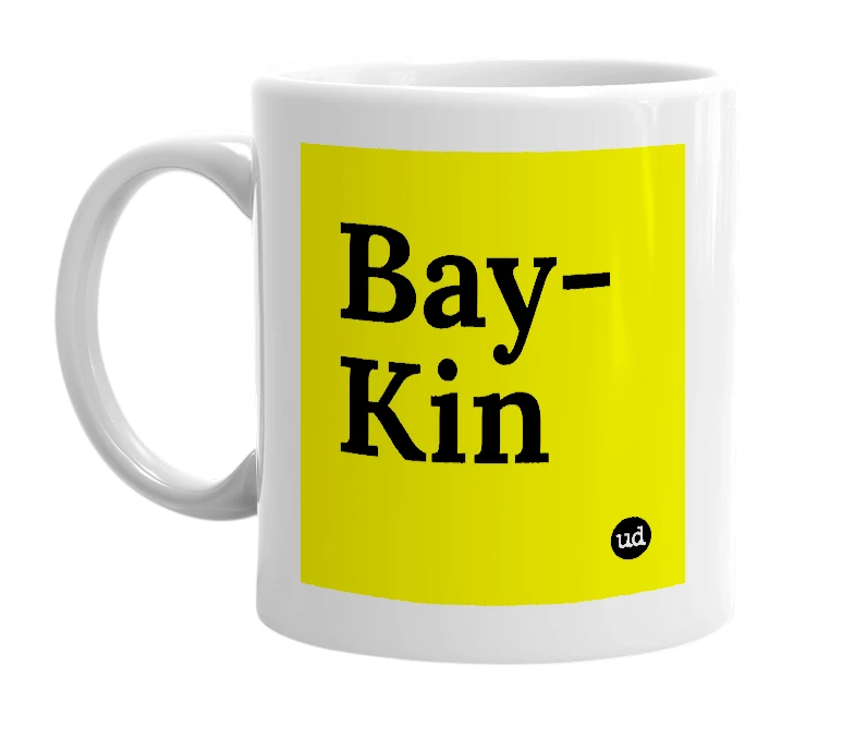 White mug with 'Bay-Kin' in bold black letters