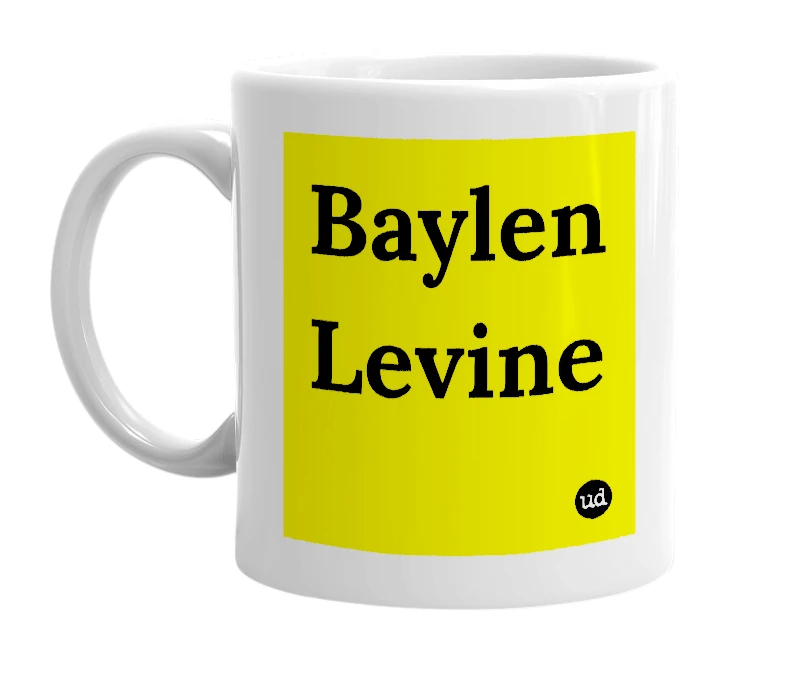 White mug with 'Baylen Levine' in bold black letters