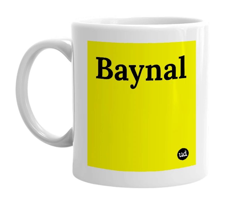 White mug with 'Baynal' in bold black letters