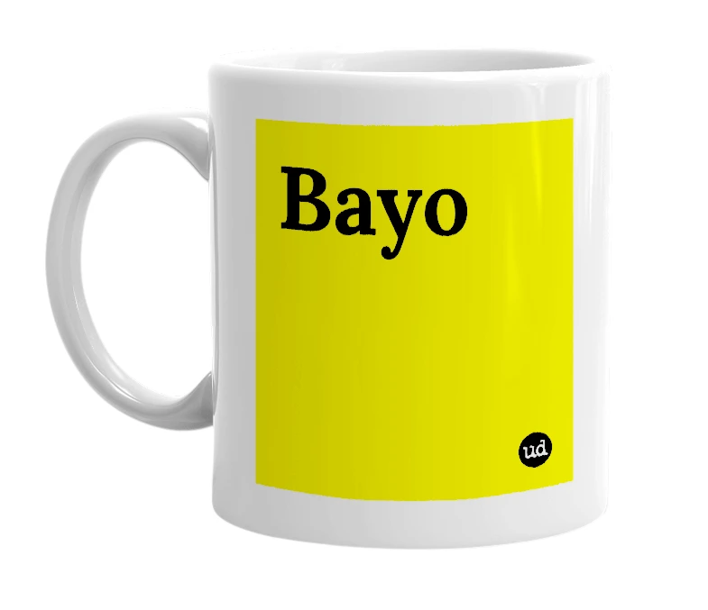 White mug with 'Bayo' in bold black letters