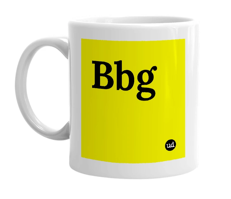 White mug with 'Bbg' in bold black letters